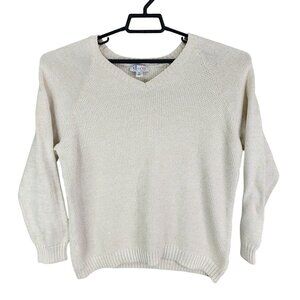 Womens Denim & Co Beige & Metallic Gold Knit Sweater V Neck Long Sleeve Size XL